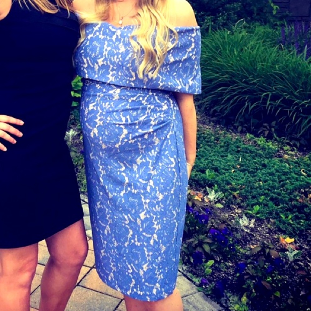 Off shoulder periwinkle lace maternity dress